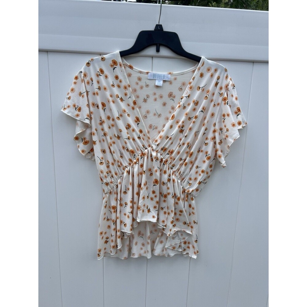 Bunulu Blouse Women's Short Sleeve Baby Doll Top Floral V Neck Stretchy